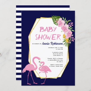 Invitation Polygone or, flamants roses baby shower bleu marin