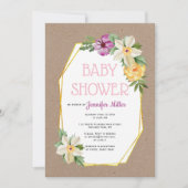Invitation Polygone or kraft papier rustique fleuri bébé douc (Devant)