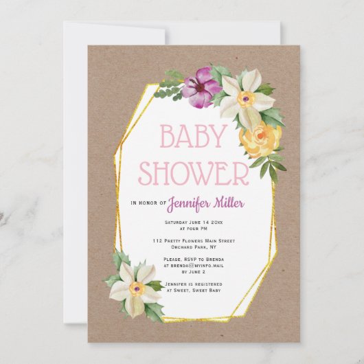 Invitation Polygone or kraft papier rustique fleuri bébé douc (Devant)