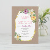 Invitation Polygone or kraft papier rustique fleuri bébé douc (Debout devant)