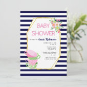Invitation Polygone or, teacups bleu marine baby shower flora (Debout devant)