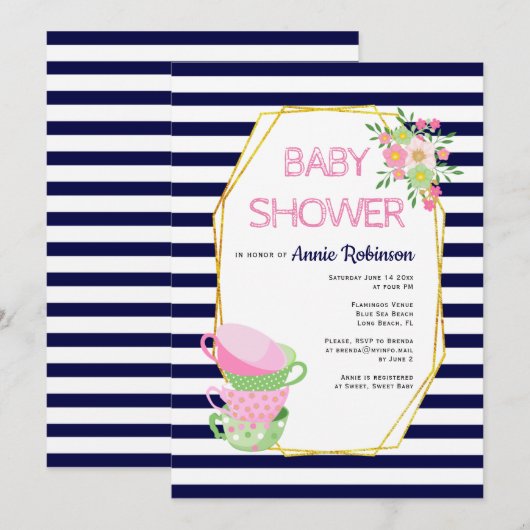 Invitation Polygone or, teacups bleu marine baby shower flora (Devant / Derrière)