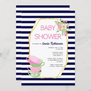 Invitation Polygone or, teacups bleu marine baby shower flora