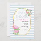 Invitation Polygone or, teups baby shower floral bleu pâle (Devant)
