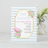 Invitation Polygone or, teups baby shower floral bleu pâle (Debout devant)