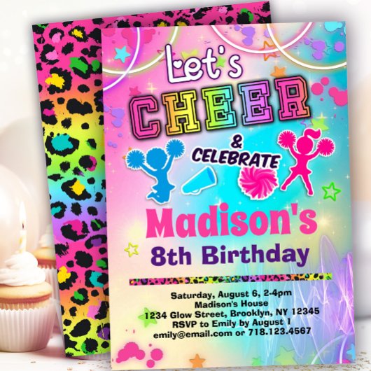Invitation Pom-pom girl Arc-en-ciel fête d'anniversaire
