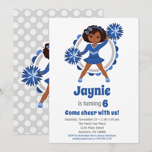 Invitation Pom-pom girl Bleu - Anniversaire afro-américain (Devant / Derrière)