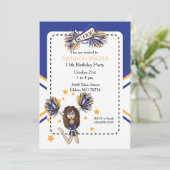 Invitation Pom-pom girl fête d'anniversaire en bleu et or (Debout devant)