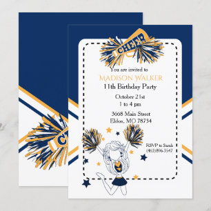 Invitation Pom-pom girl fête d'anniversaire en bleu marine et
