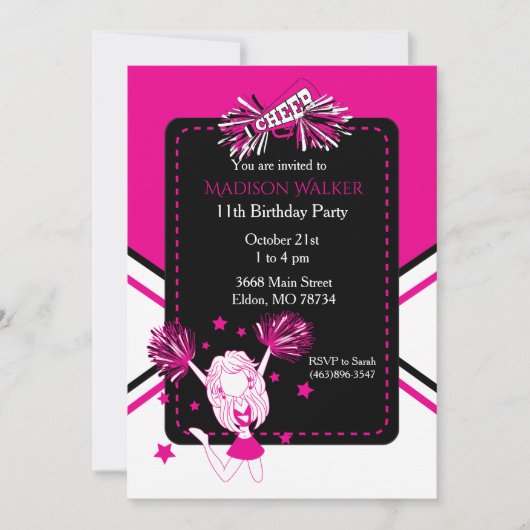 Invitation Pom-pom girl fête d'anniversaire en rose chaud (Devant)