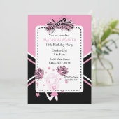 Invitation Pom-pom girl fête d'anniversaire en rose, noir et  (Debout devant)