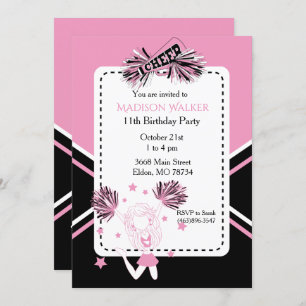 Invitation Pom-pom girl fête d'anniversaire en rose, noir et