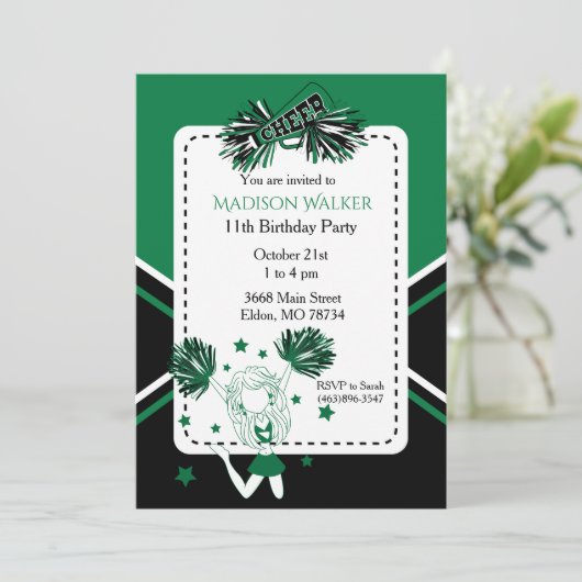 Invitation Pom-pom girl fête d'anniversaire en vert (Debout devant)