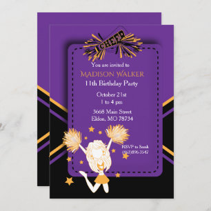 Invitation Pom-pom girl fête d'anniversaire en violet et or