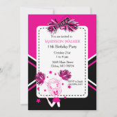 Invitation Pom-pom girl fête d'anniversaire rose chaud, noir, (Devant)