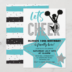 Invitation Pom-pom turquoise Argent Noir Anniversaire de pom-