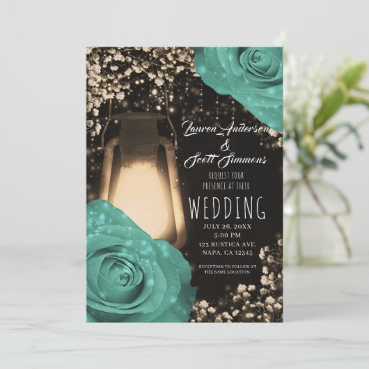 Invitation Pomme à lanterne rustique Monnaie verte Roses Mari (Debout devant)