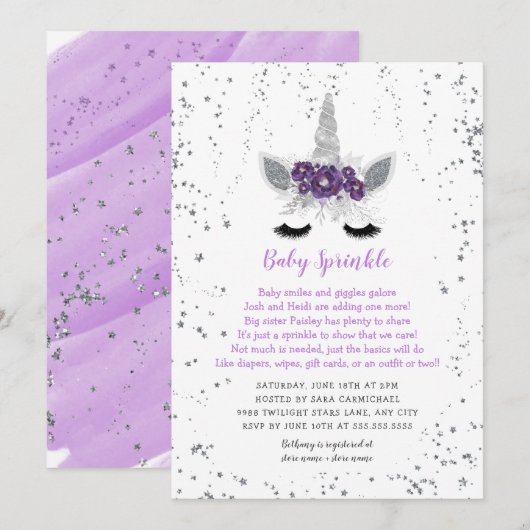 Invitation Pomme Argent Floral Unicorne Baby Sprinkel (Devant / Derrière)