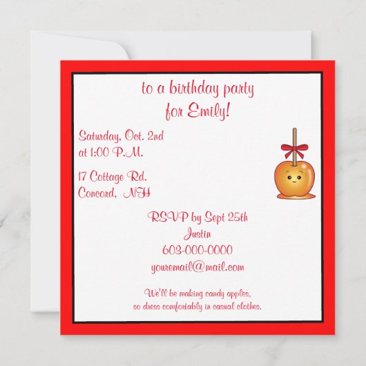 Invitation Pomme de caramel avec fête d'anniversaire de bow (Dos)