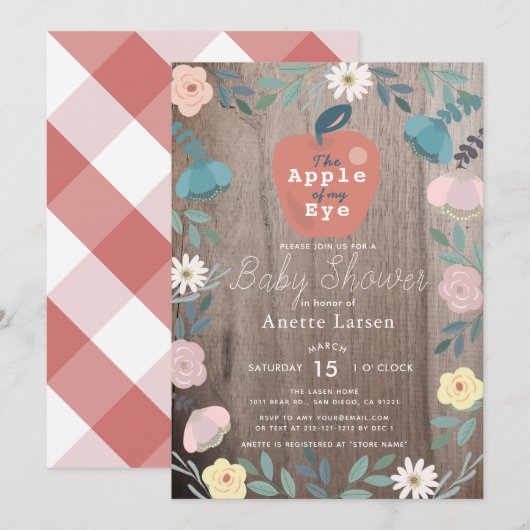 Invitation Pomme de mon oeil Floral Bois Baby shower rustique (Devant / Derrière)