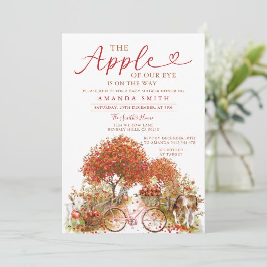 Invitation Pomme de Notre Baby shower Oeil Bow Orange En vich (Debout devant)