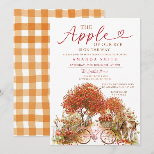 Invitation Pomme de Notre Baby shower Oeil Bow Orange En vich (Devant / Derrière)