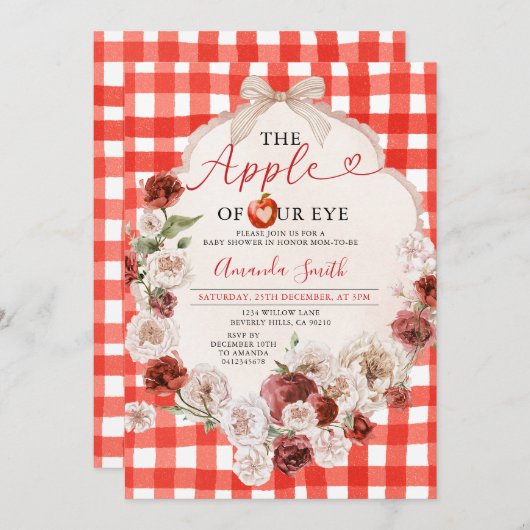 Invitation Pomme de Notre Baby shower Oeil En vichy Bow Rouge (Devant / Derrière)