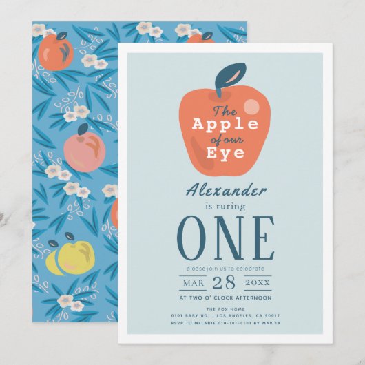 Invitation Pomme de notre Garçon de l'oeil Bleu 1er anniversa (Devant / Derrière)