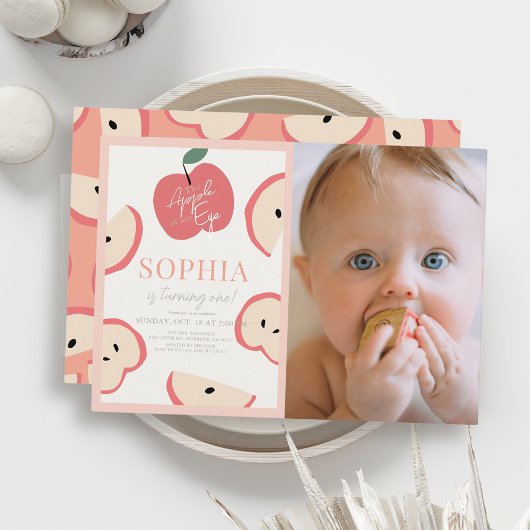 Invitation Pomme de notre oeil rose fille 1er anniversaire Ph