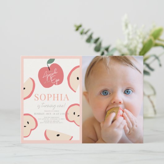 Invitation Pomme de notre oeil rose fille 1er anniversaire Ph (Debout devant)