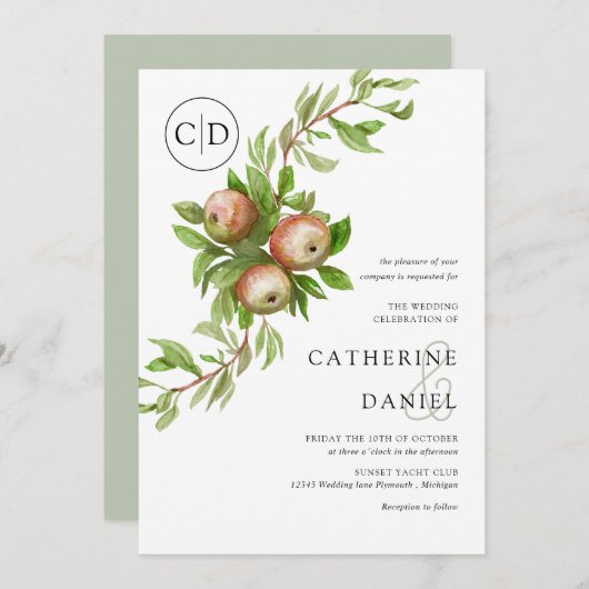 Invitation Pommes aquarelles avec mariage monogramme (Devant / Derrière)
