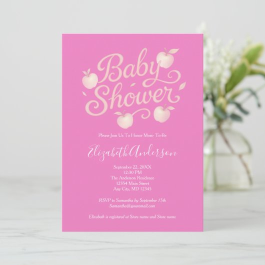 Invitation Pommes roses Baby shower bébé fille (Debout devant)