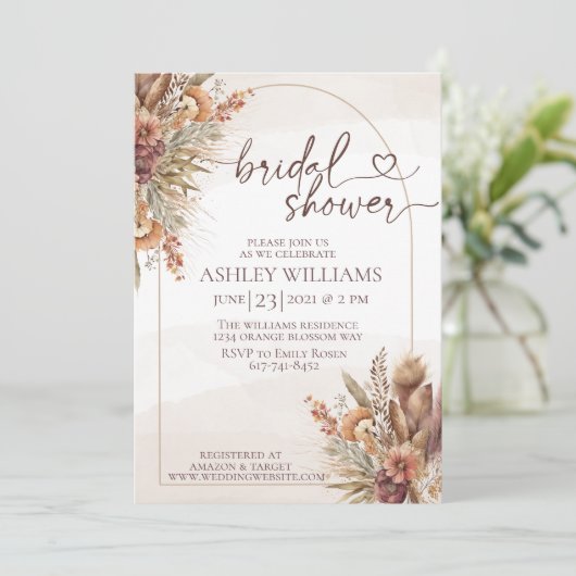 Invitation pompas à fleurs herbe boho nuptiale (Debout devant)