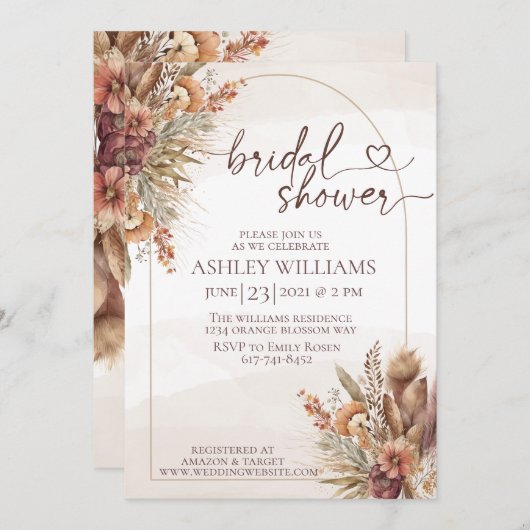 Invitation pompas à fleurs herbe boho nuptiale (Devant / Derrière)