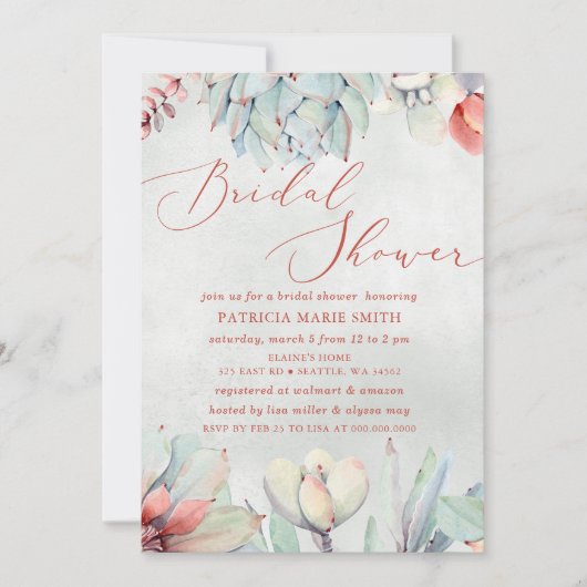 Invitation Pompe Rustique Sage Peach Succulent Boho Douche nu (Devant)