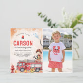 Invitation Pompier Camion 2e fête d'anniversaire Photo (Debout devant)