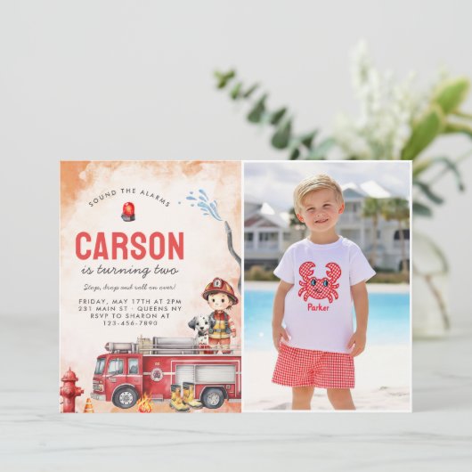 Invitation Pompier Camion 2e fête d'anniversaire Photo (Debout devant)