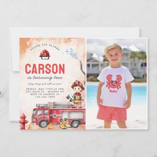 Invitation Pompier Camion 2e fête d'anniversaire Photo (Devant)