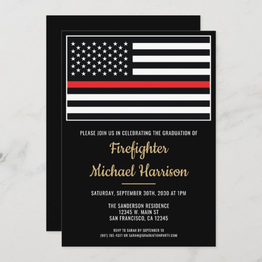 Invitation Pompier Pompier Académie Drapeau Fireman Graduatio (Devant / Derrière)