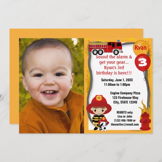 Invitation Pompier Pompier Dalmatien Anniversaire FFP01A (Devant / Derrière)