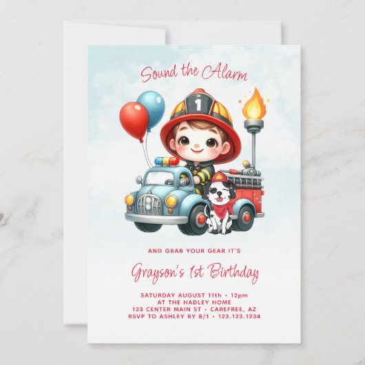 Invitation Pompier pompier garçon 1er anniversaire (Devant)