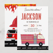 Invitation Pompier Rouge Et Camion de Pompiers à Alarme (Devant / Derrière)