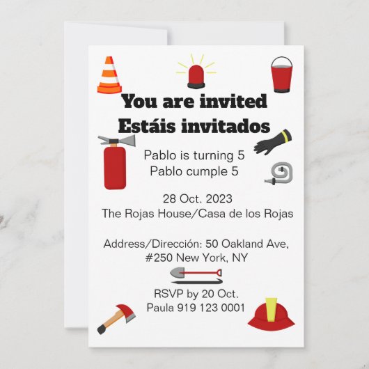 Invitation Pompier Thème Bilingue Anniversaire Fête des Garço (Devant)