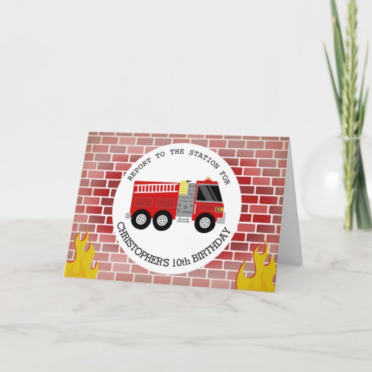 Invitation Pompiers Camion Bricks Flames Anniversaire (Devant)