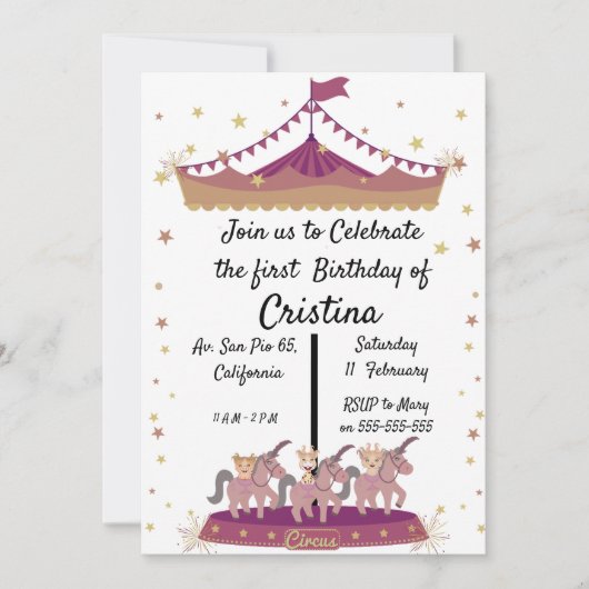 Invitation Poney de cirque d'animaux mignons (Devant)