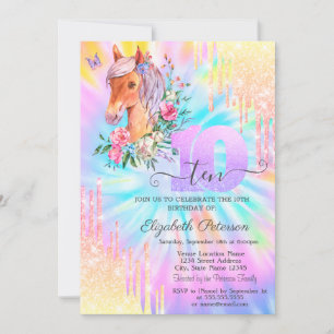 Invitation Poney Fleurs Paillettes Dégoulinantes Tie Dye 10èm