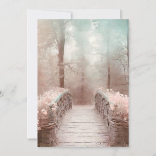 Invitation Pont d'Imaginaire dans la forêt avec fleurs roses (Dos)