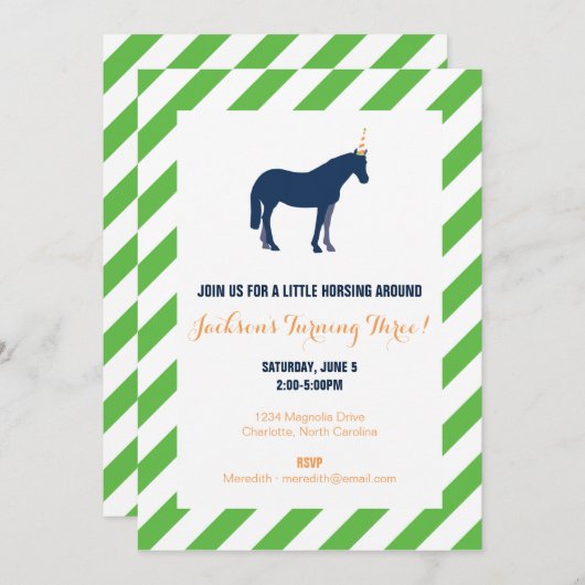 Invitation Pony Birday Party Green (Devant / Derrière)