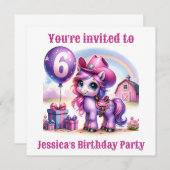 Invitation Pony de la petite fille 6 ans Anniversaire (Devant / Derrière)