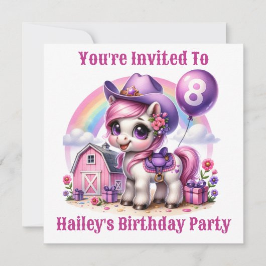 Invitation Pony de la petite fille 8 ans Anniversaire (Devant)
